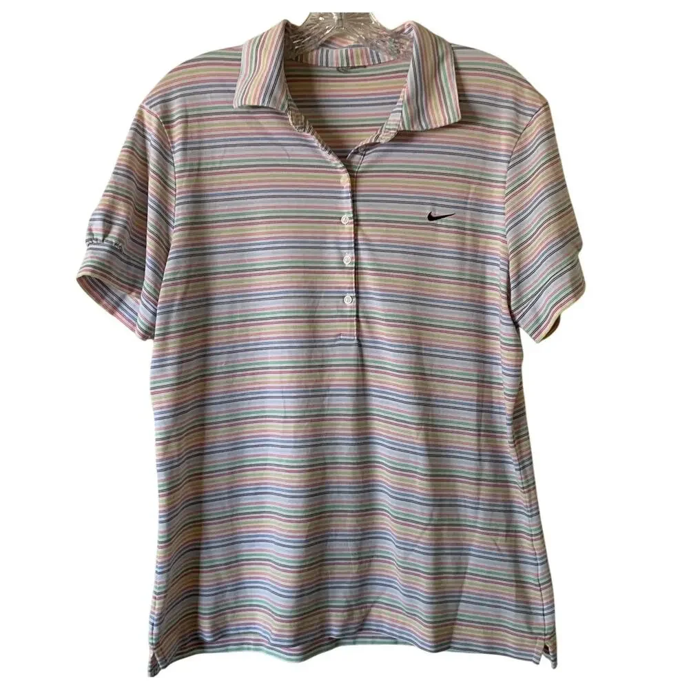 Vtg Nike Womens Large Sz Pastel Horz Rainbow Stripes White Short Slv Polo Shirt